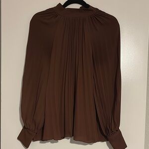 Womens Pleated High-Neck Blouse - Brown